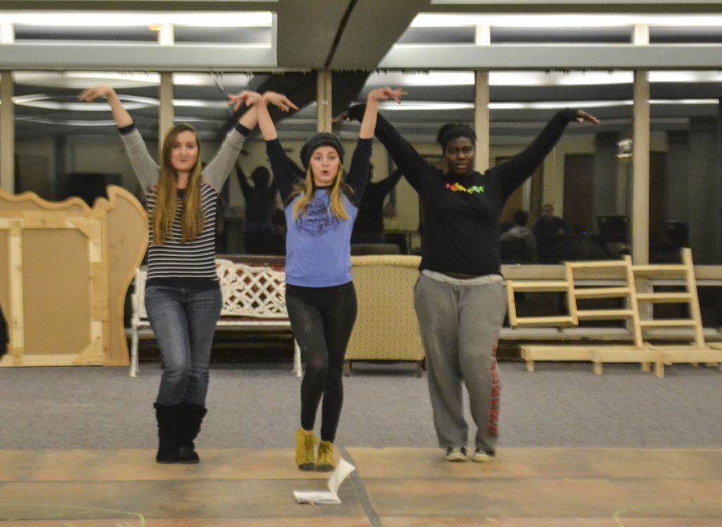 Britta Sicroa, Maddie Dooher and Jerena Everson rehearse their roles as birds in the upcoming UW-Stout production of “A Year With Frog and Toad.”