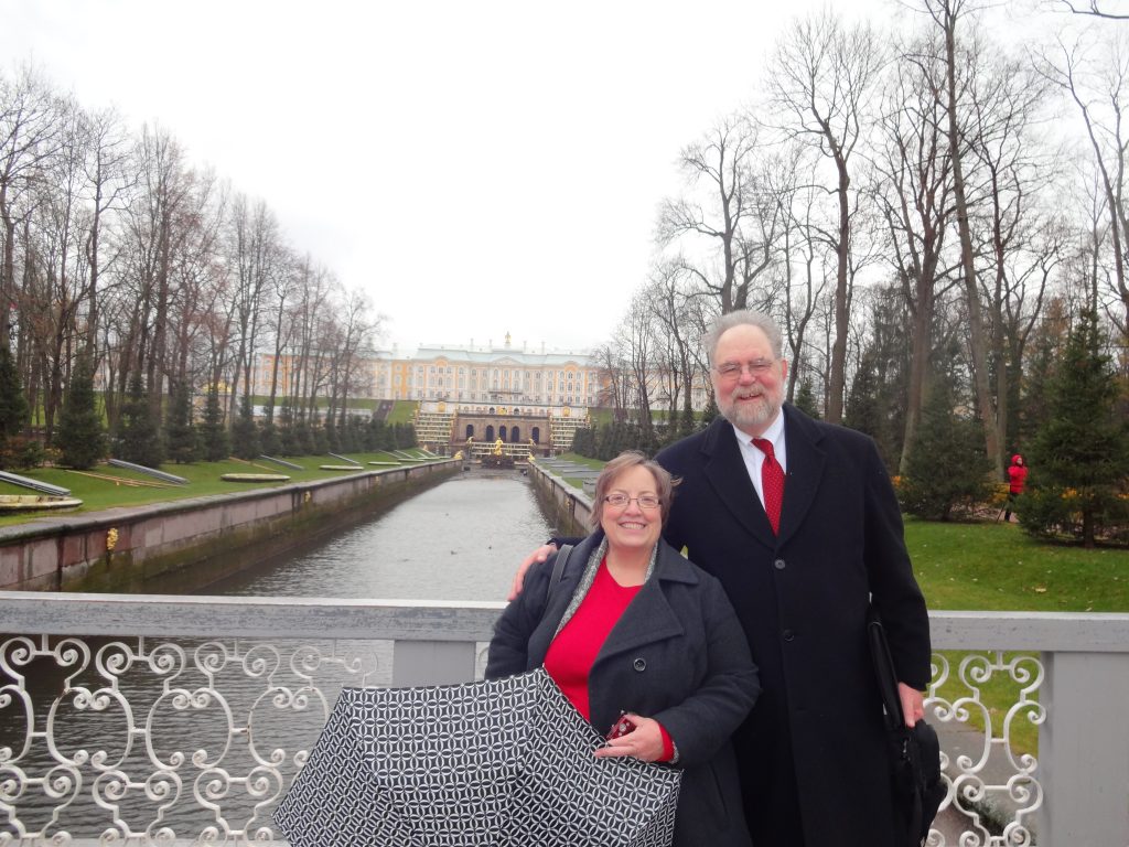 Debbie and David Lewis in front of St. Petersburg's Winter Palace. 