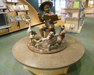 Jack’s Story Time sculpture on display in the Library outside the entrance to Youth Services.