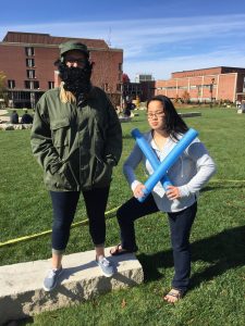 Bree Meier, left, acted as Freelandia's "dictator" on Wednesday, assisted by SPJ member Zoe Stack. Meier is the SPJ chapter's vice-president for broadcast. 